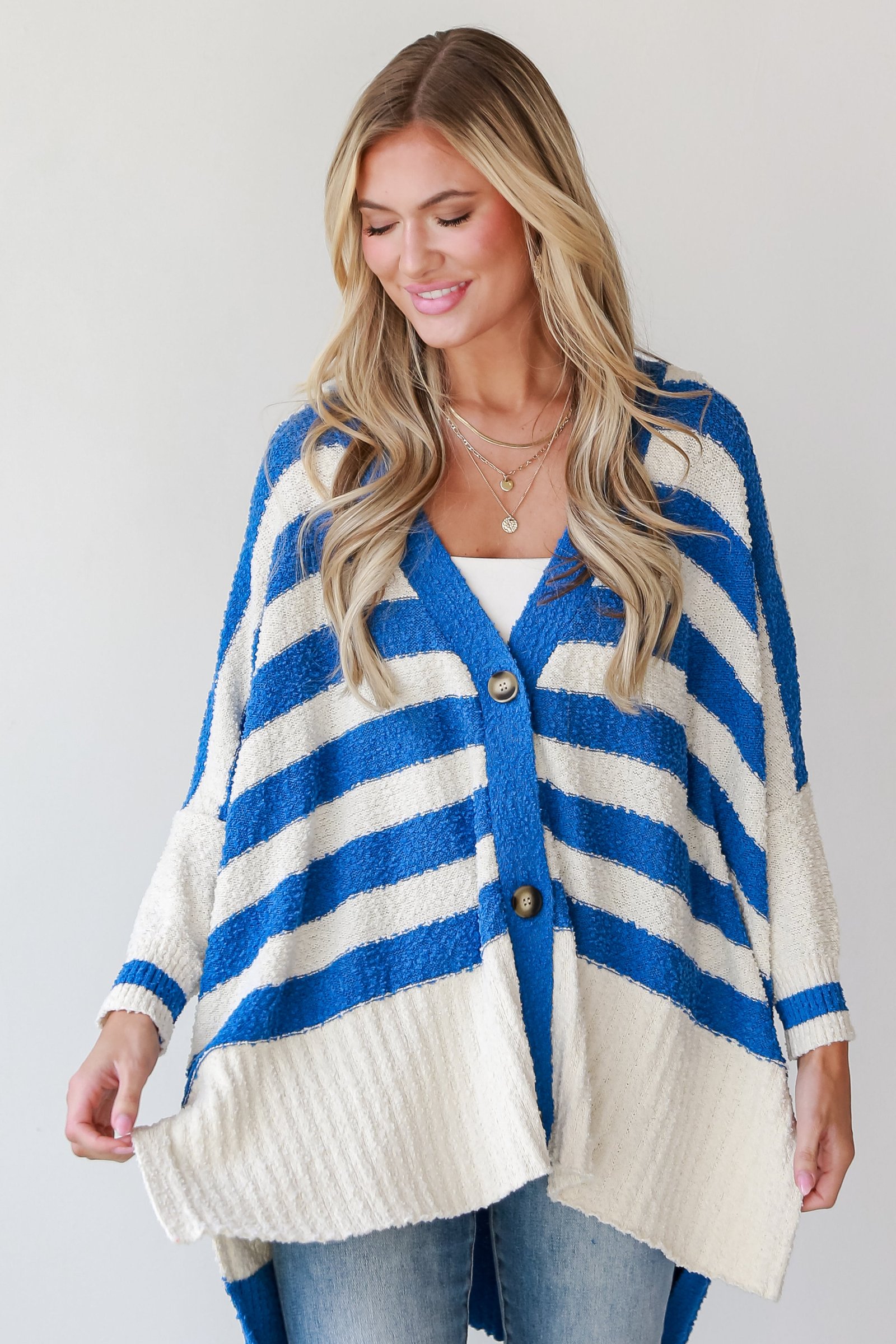 Seasonal Aesthetic Blue Oversized Striped Cardigan CH3