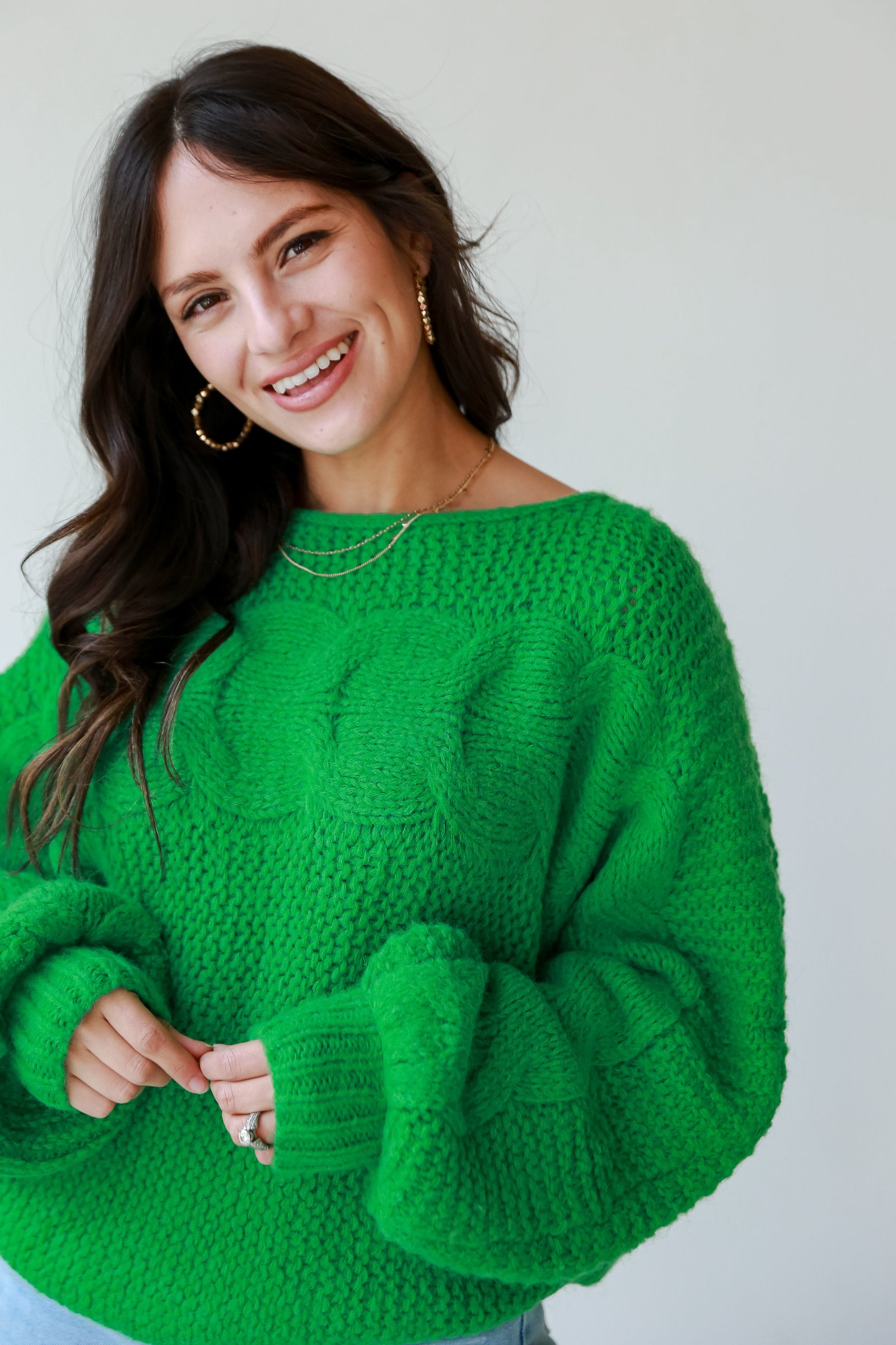 Luxe Outing Kelly Green Cable Knit Oversized Sweater CH4