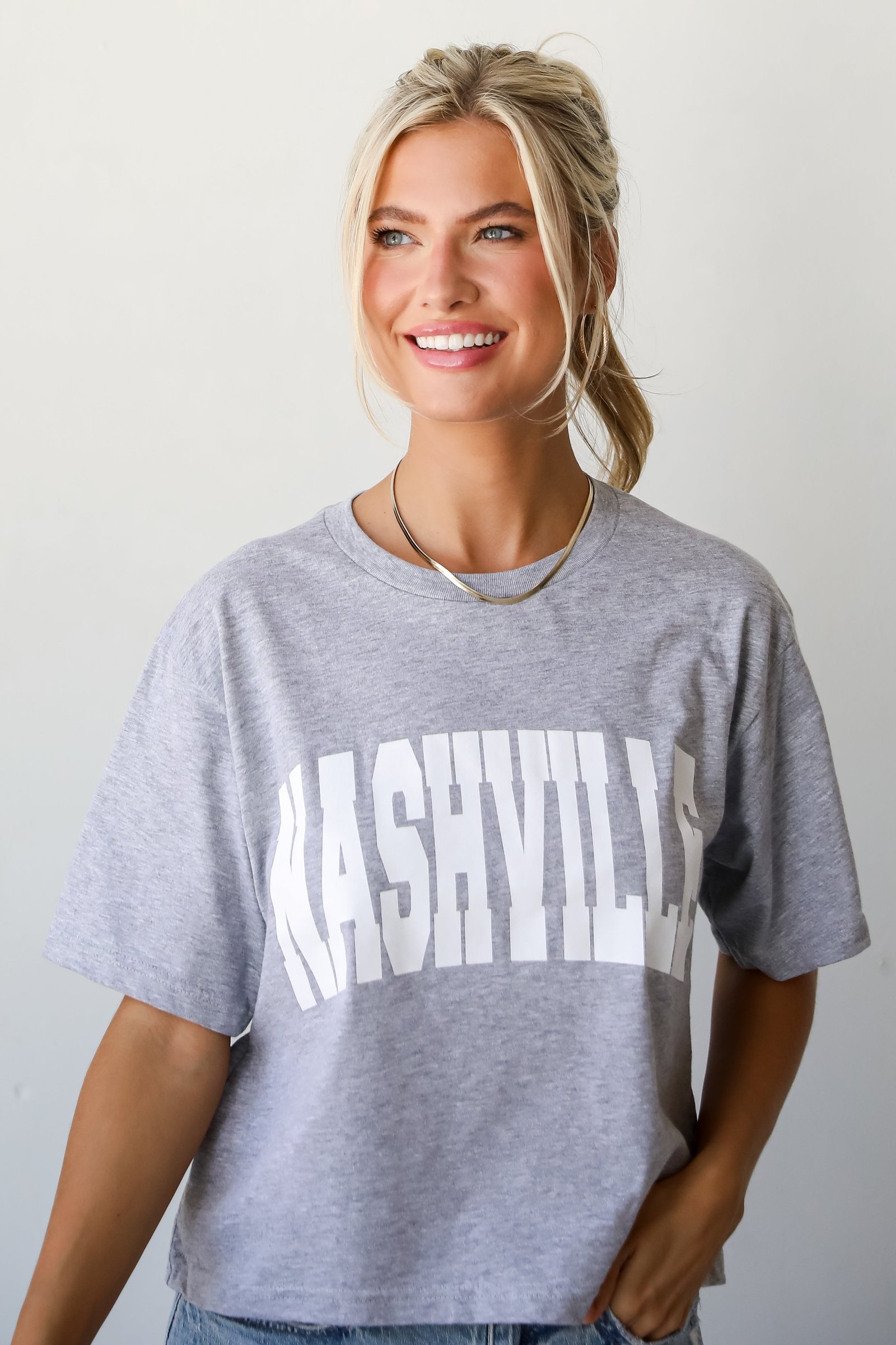 Heather Grey Nashville Cropped Block Letter Tee CH11