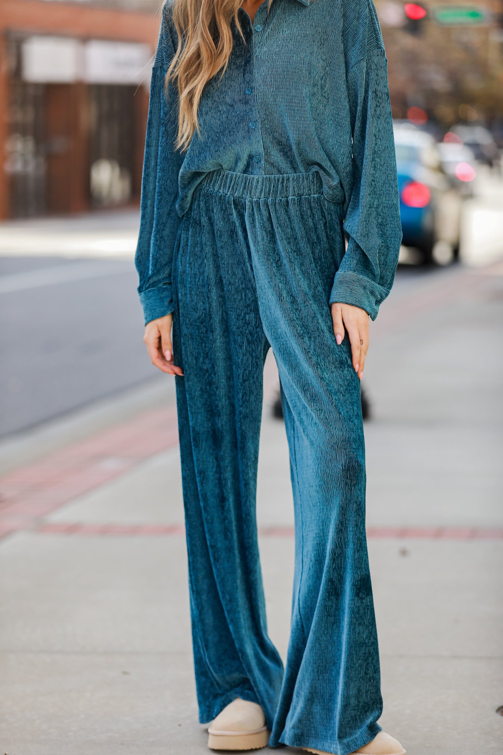 trendy Teal Velvet Plisse Pants