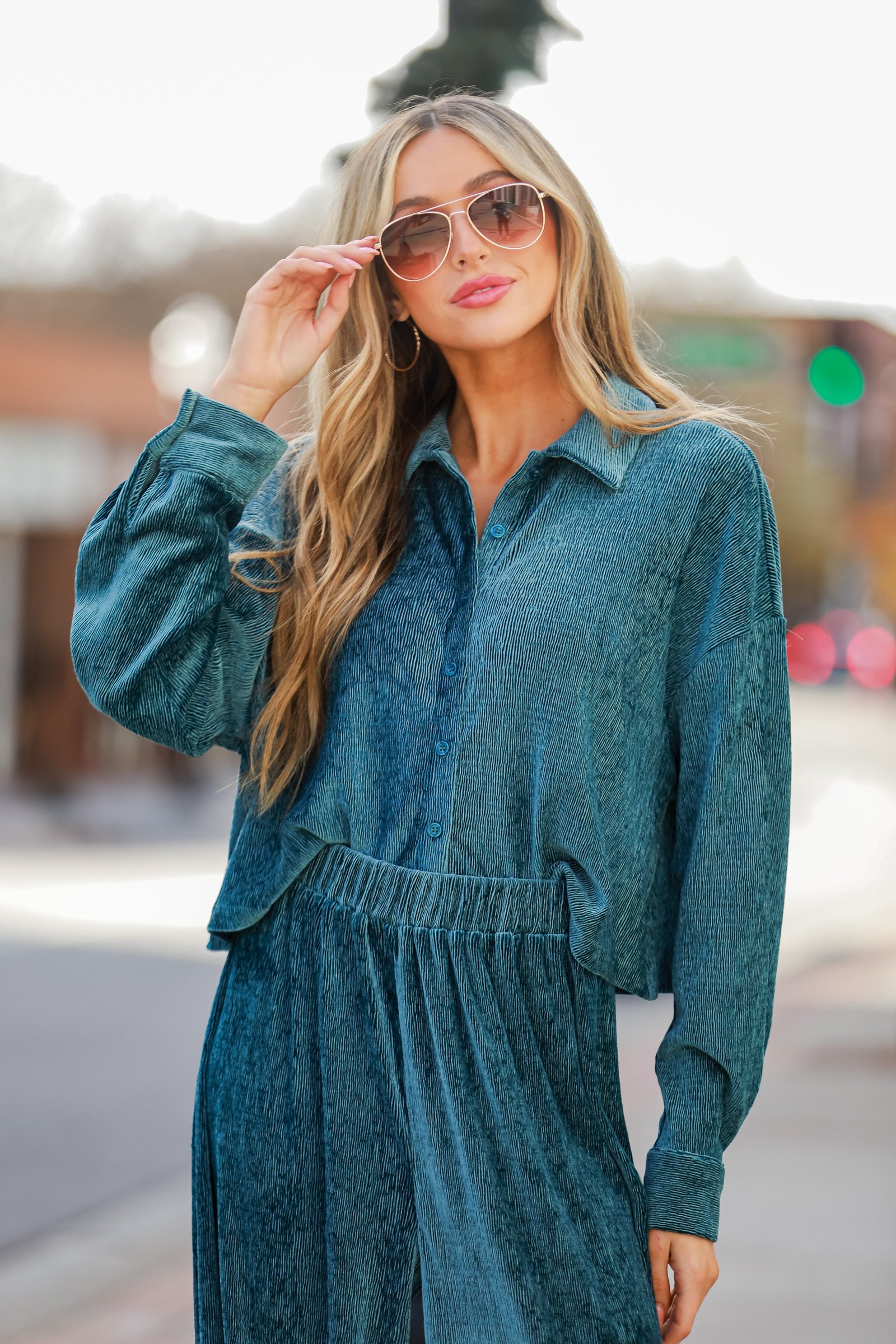 Luxurious Dream Teal Velvet Plisse Blouse CH6